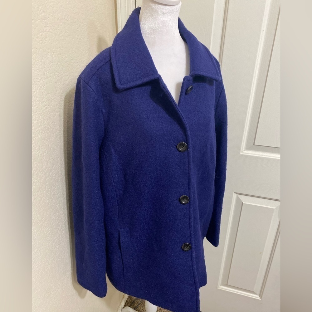 Lands end womens blue pea coat wool lined overcoat single breasted button up 18W